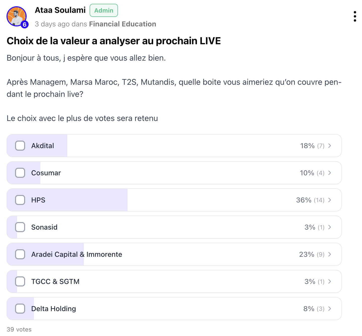 Sondage communautaire pour choisir la prochaine entreprise analysée en live